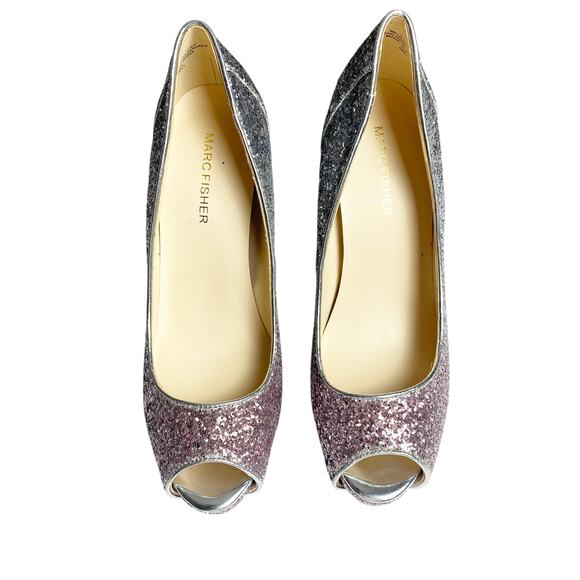 MARC FISHER Harpyly Glam Ombre Glitter Platform Peep Toe Heels Silver Size 8.5 - Picture 2 of 7